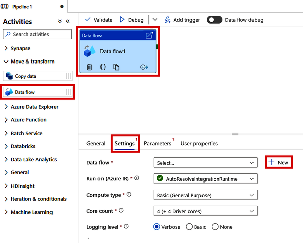 Creating a new Data Flow from a Data Factory Pipeline