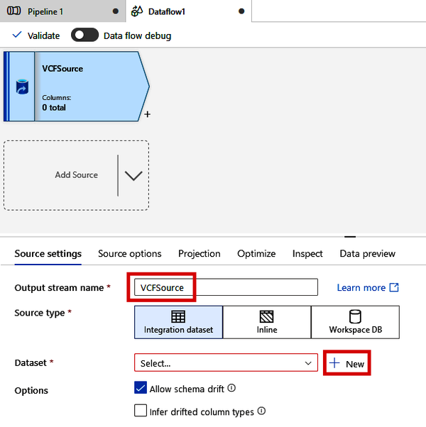 Creating a new source dataset for a Data Flow