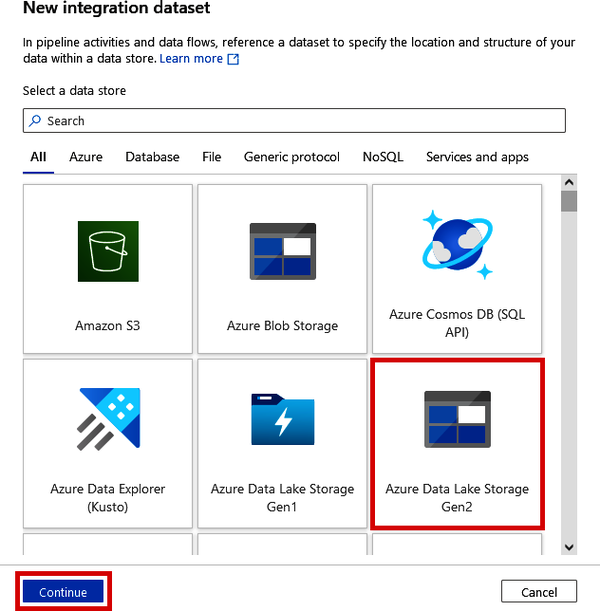 Connecting to an Azure Data Lake as an integration dataset