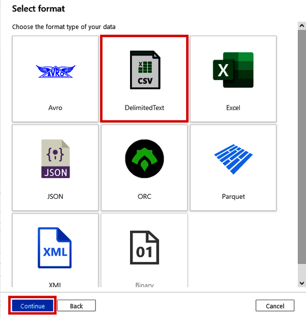 Selecting the DelimitedText format for an integration dataset