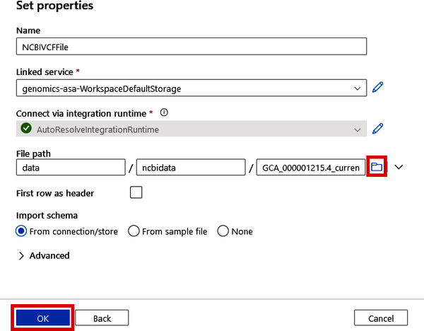 Specifying the path to a data lake file for an integration dataset