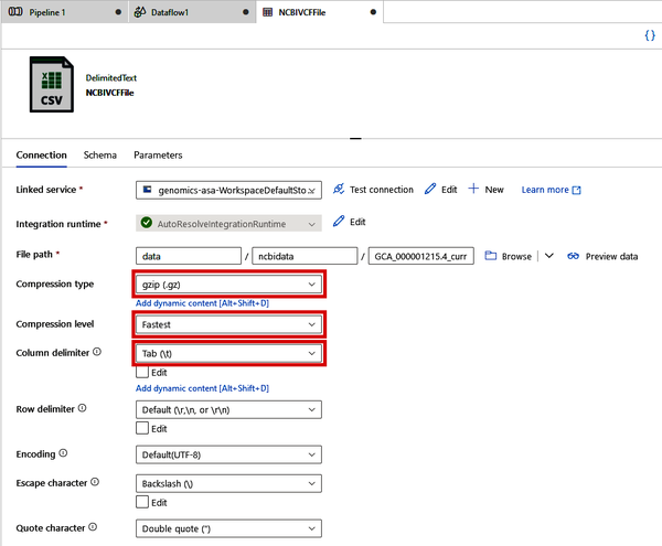 Specifying file format settings for a VCF file connection