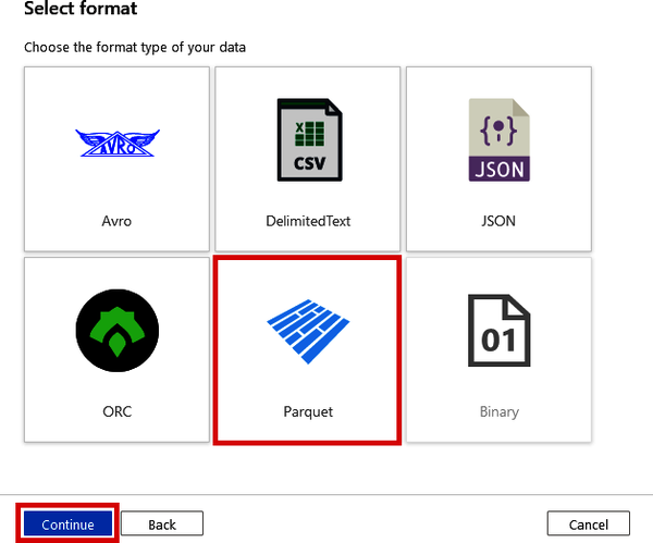 Selecting the Parquet format as the Sink data type