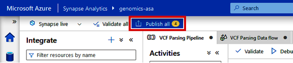 Locating the “Publish all” button in Data Factory