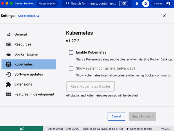Snapshot of the Docker Desktop Kubernetes settings panel