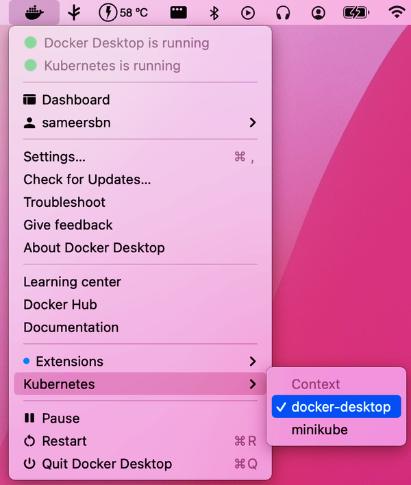 Snapshot of the Docker Desktop context switcher for kubectl