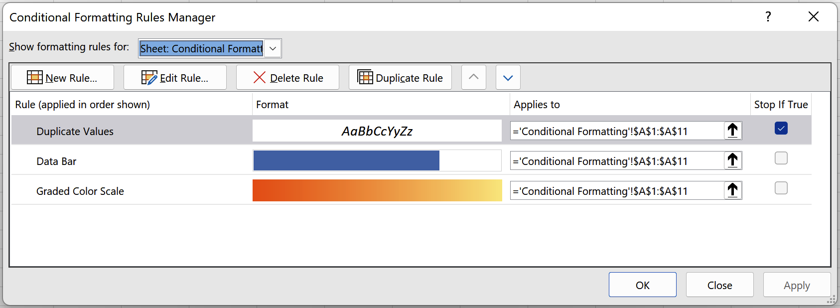 Screenshot of the Conditional Formatting Rules Manager