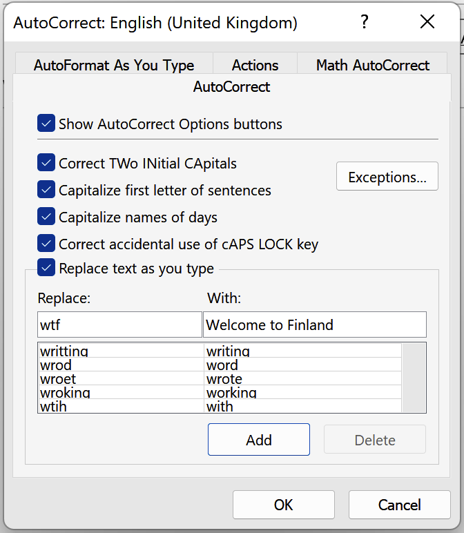 Screenshot of the AutoCorrect dialog box