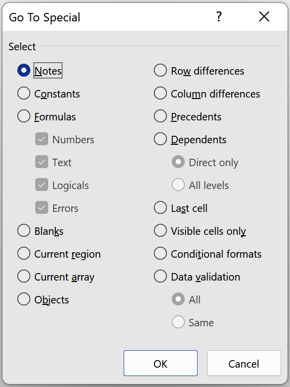 Screenshot of the Go To Special dialog box