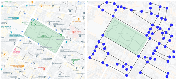 Representation of the road network as a graph. The image represents the map of  Merrion Square Park in Dublin Ireland  