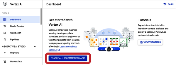 Vertex AI Dashboard showing the Enable All Recommended APIs button