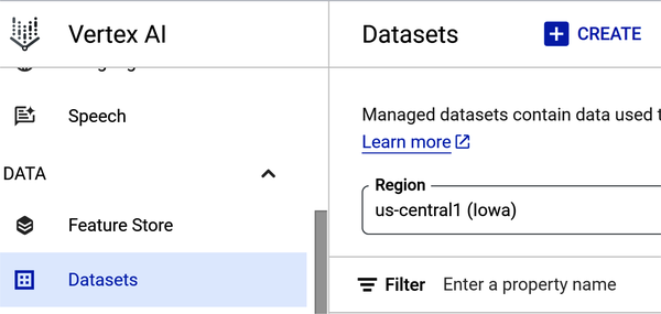 Vertex AI Dataset navigation that allows you to create a dataset