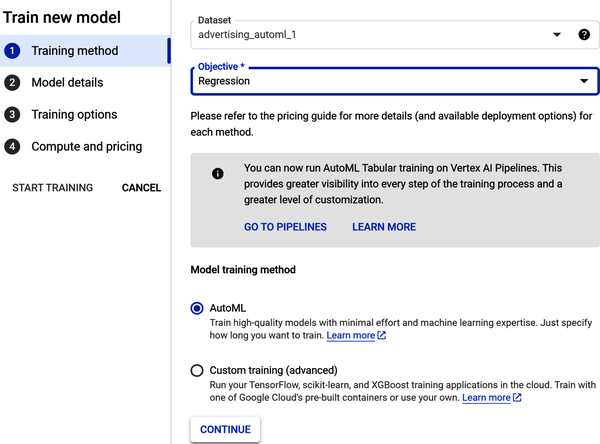 Configure the training method in Step 1