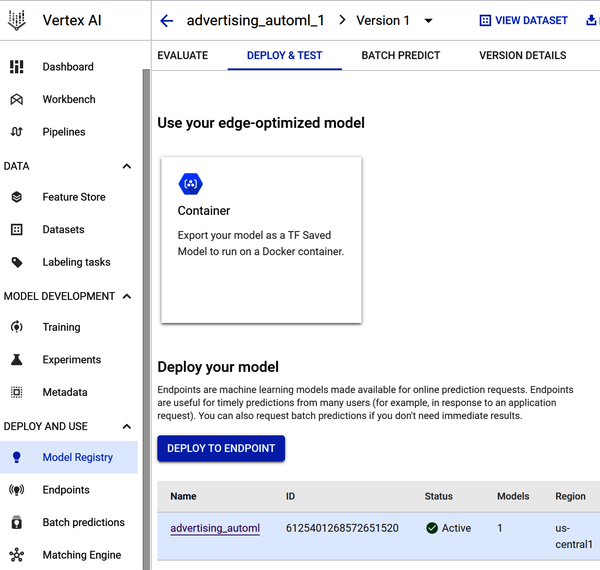 Deploy your model to an endpoint page