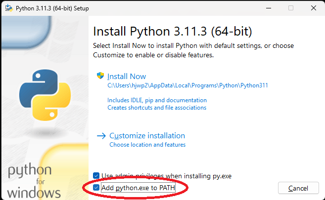 Screenshot of python installer