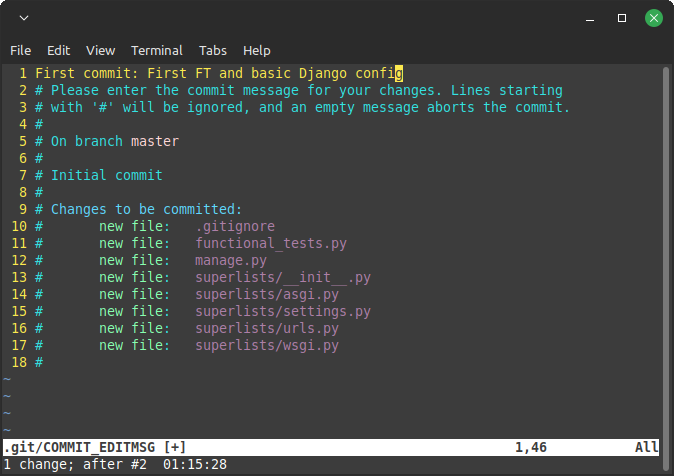 Screenshot of git commit vi window