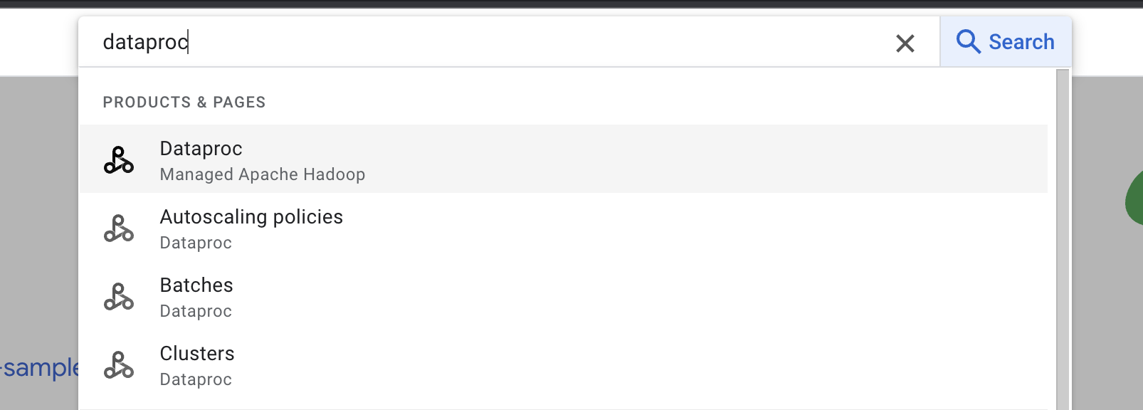Searching for Dataproc service in console