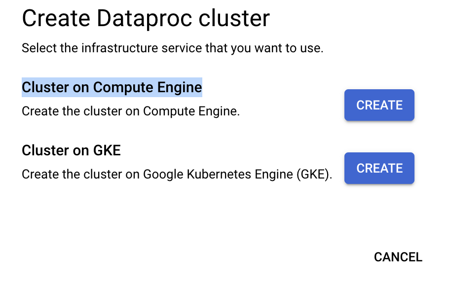 Console UI showing different options for creating Dataproc Cluster