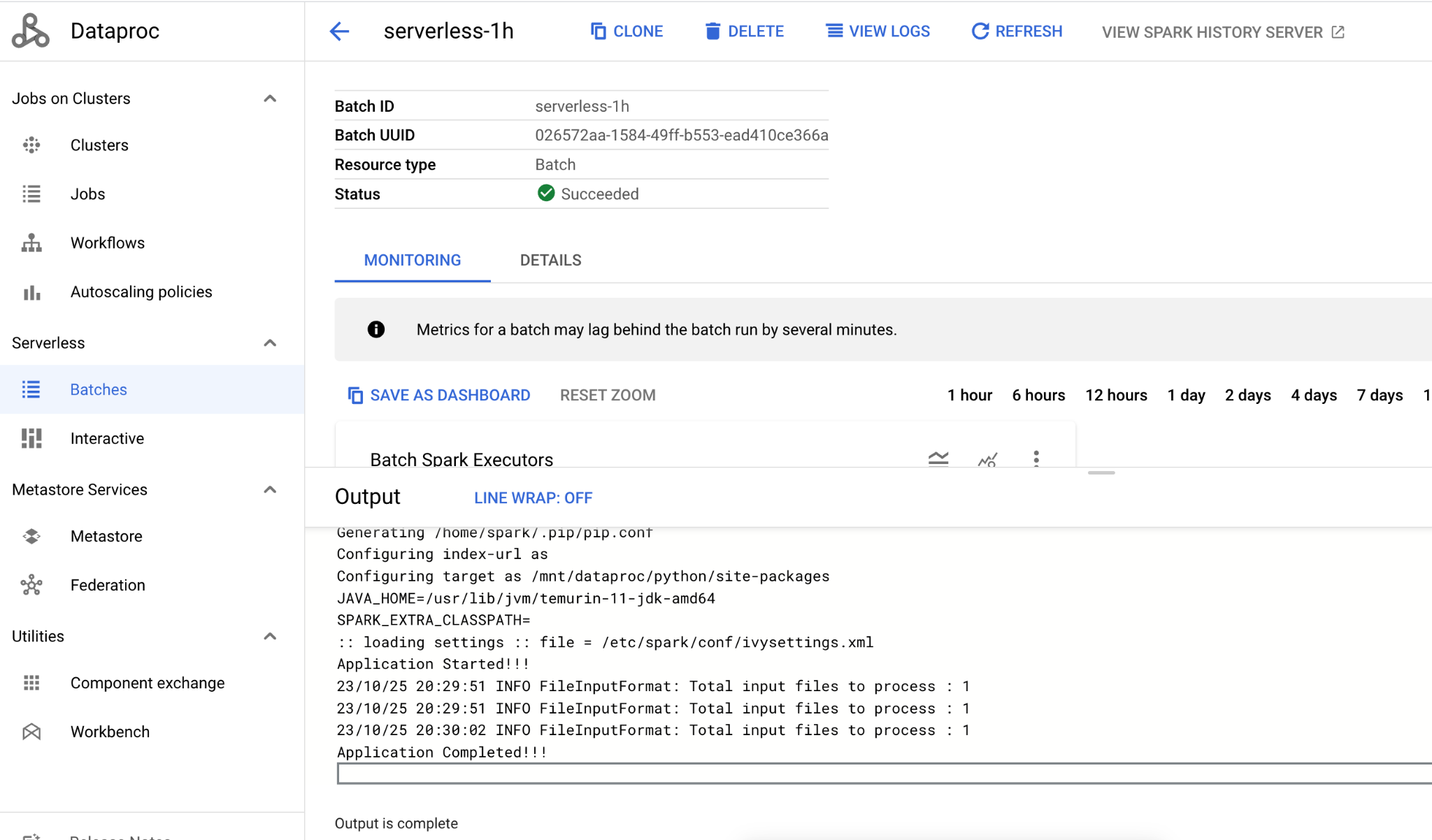 Validating the name of the Serverless Spark job in Batches console