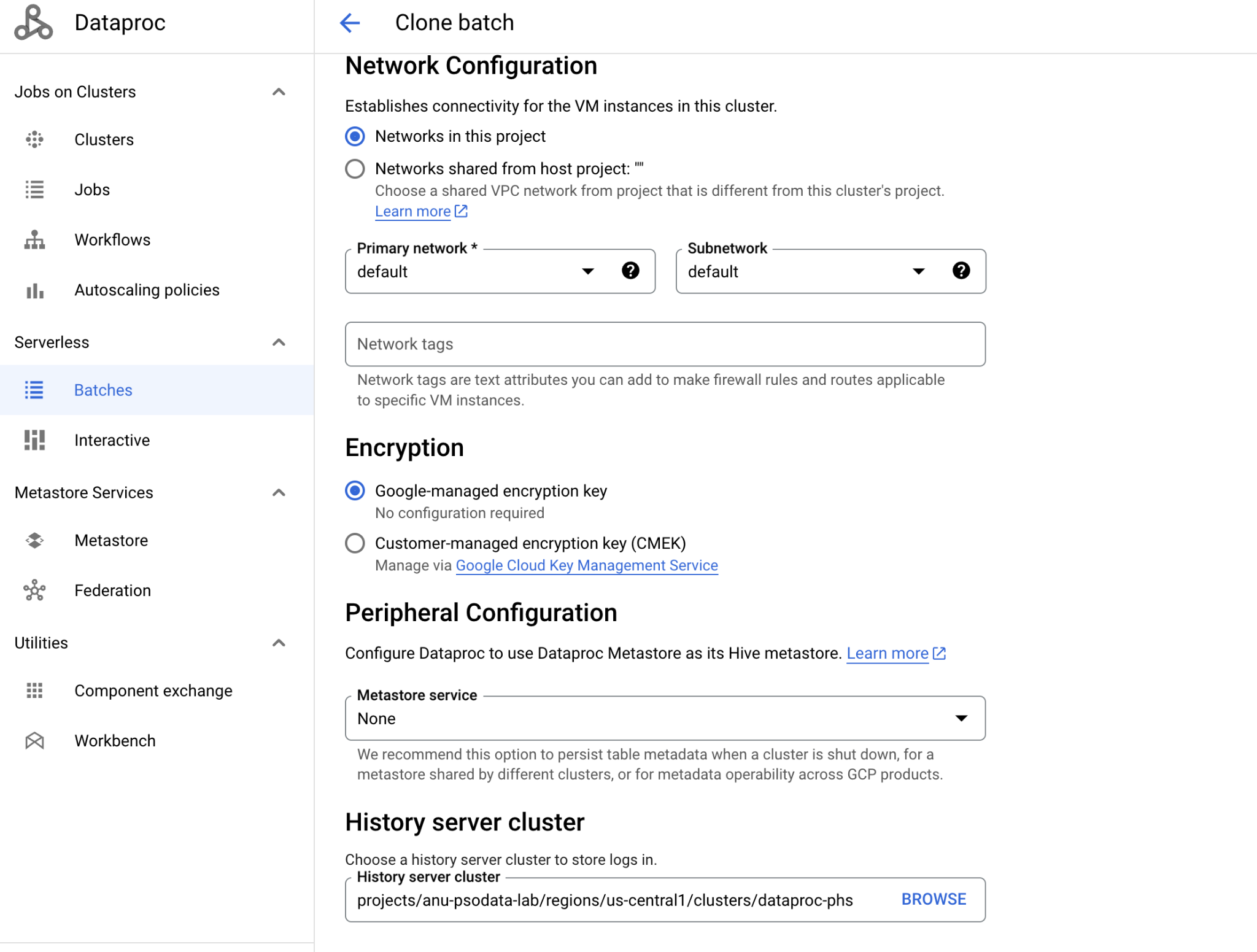 Configure History Server Cluster when Submitting Dataproc Serverless job via Console