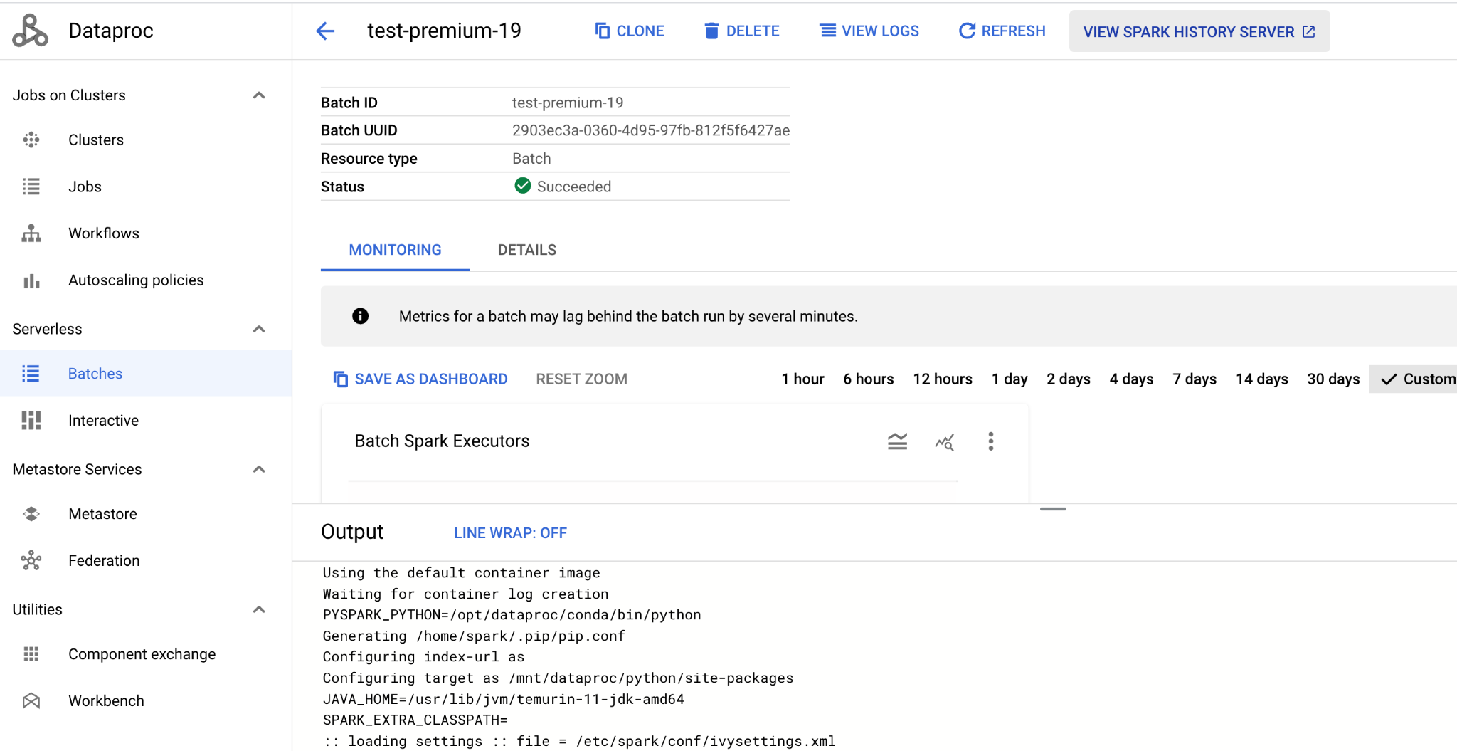 Batch Job has  View Spark History Server  active to Show the Completed Applications