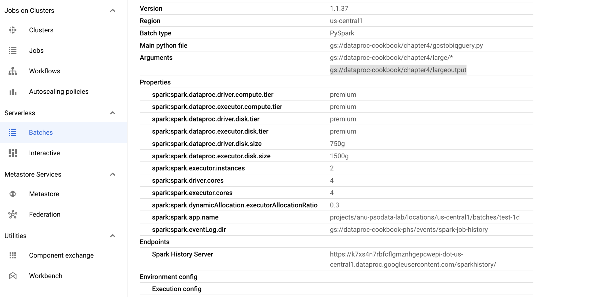 Details section shows the Spark Properties of the job