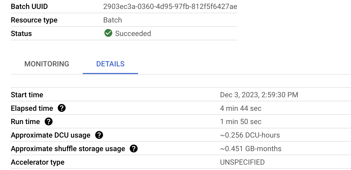 Approximate DCU  Accelerator and shuffle storage usage metrics of the Batch Job