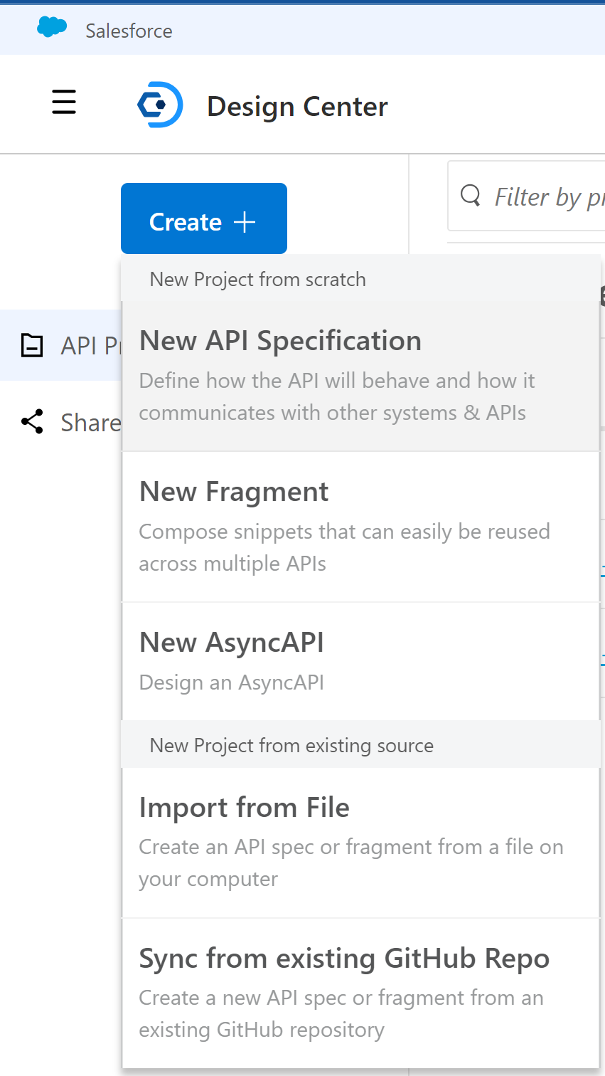 Drop down options for Design Center asset creation.