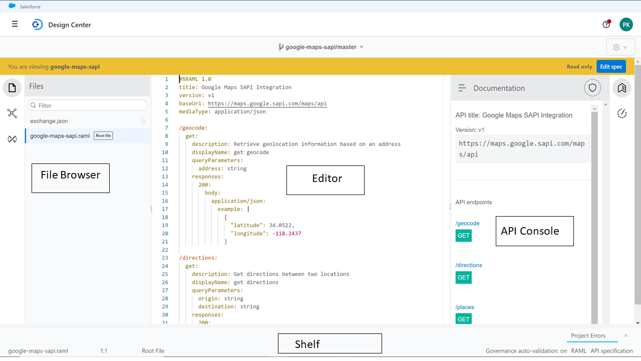  5  Design Center text editor with a sample API specification.