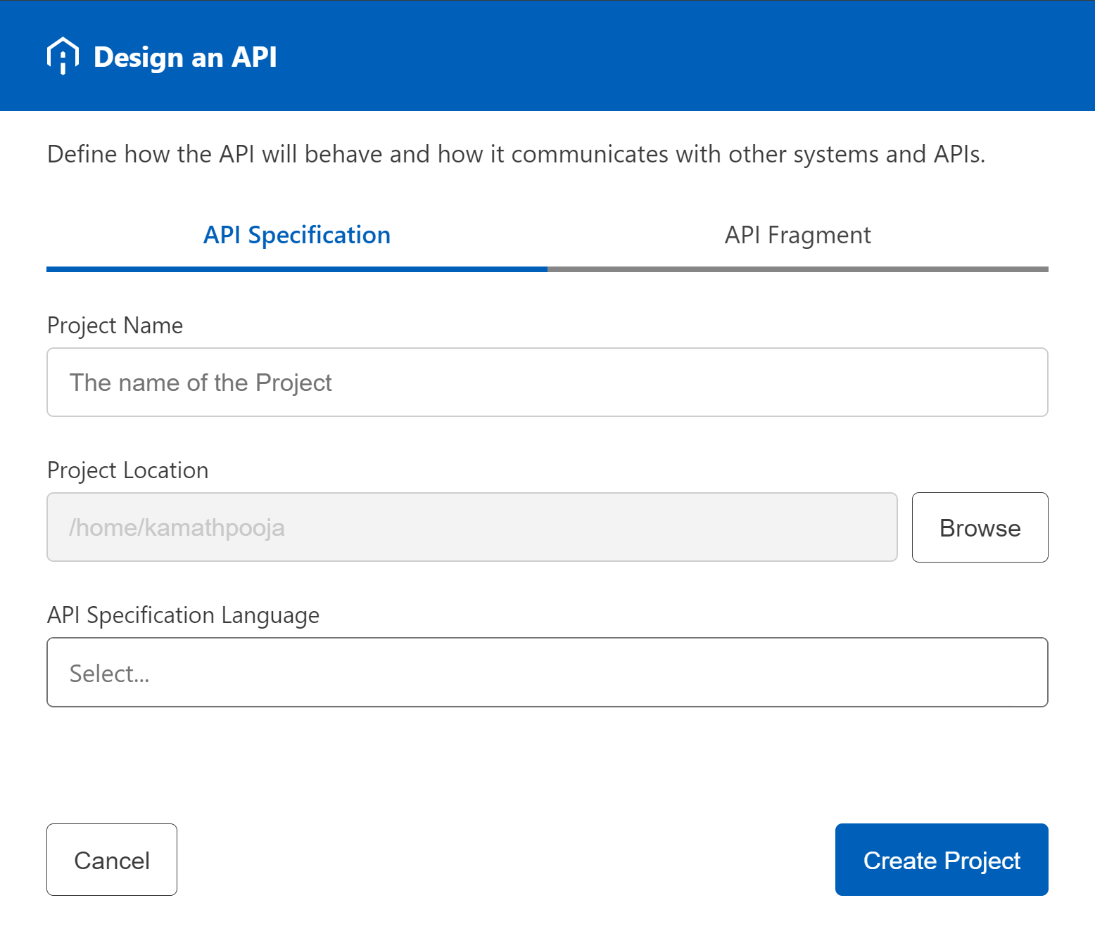 Form to create an API specification.