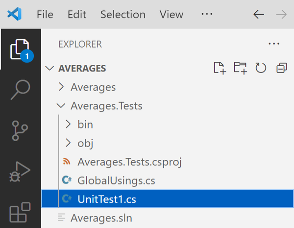 Visual Studio Code's Explorer, with the Averages.Test project expanded, and the UnitTest1.cs file selected