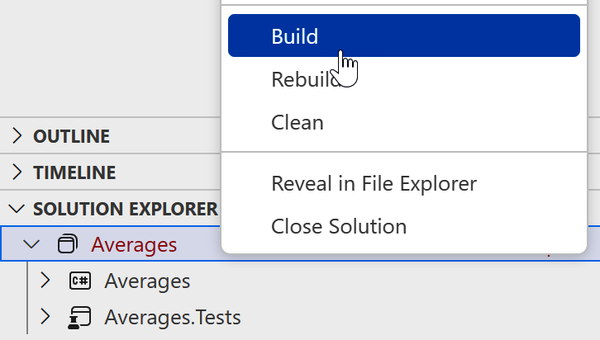 The Solution Explorer in Visual Studio Code, showing the menu for the Averages solution, with the Build menu item highlighted