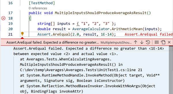 Visual Studio Code showing that the 'MultipleInputsShouldProduceAverageAsResult' test failed in its call to Assert.AreEqual with a message: Expected a difference no greater than 1E-14 between expected value 2 and actual value 1