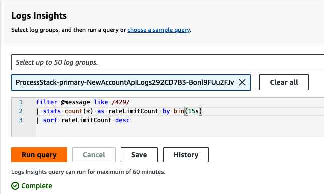 Run a CloudWatch Logs Insights query.