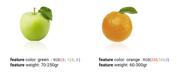 A feature is a measurable property of an entity that has predictive power for the machine learning task. Here  the fruit s color has predictive power of whether the fruit is an apple or an orange.