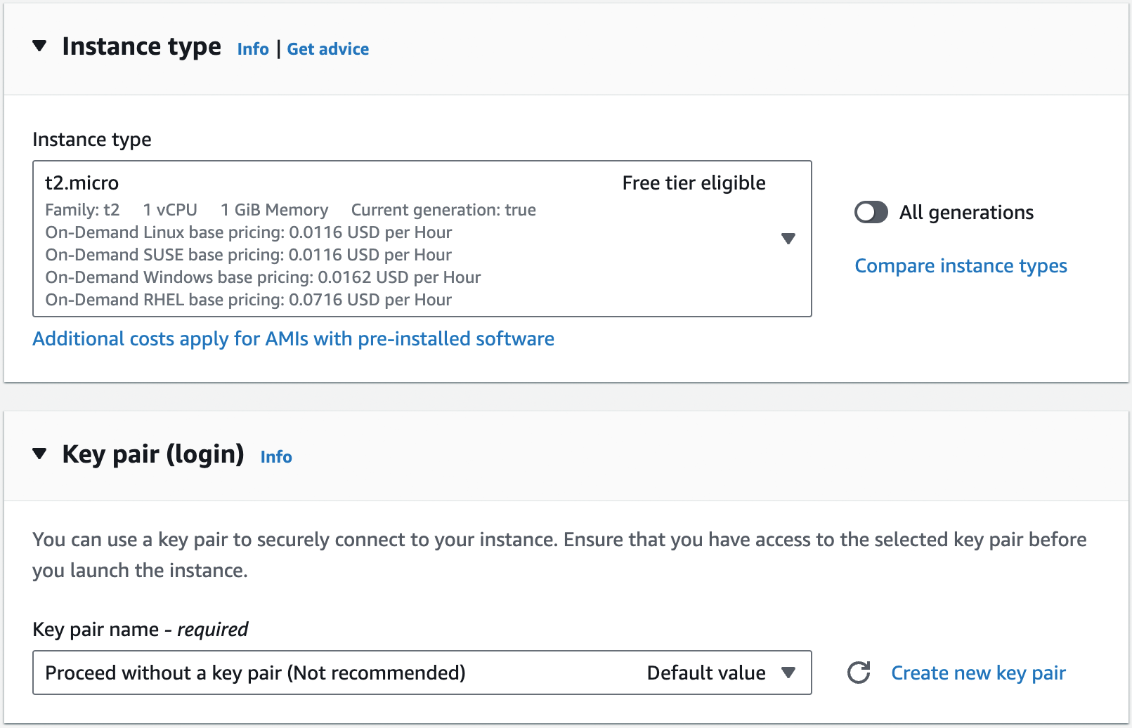 Configure the instance type and key pair to use for your EC2 instance