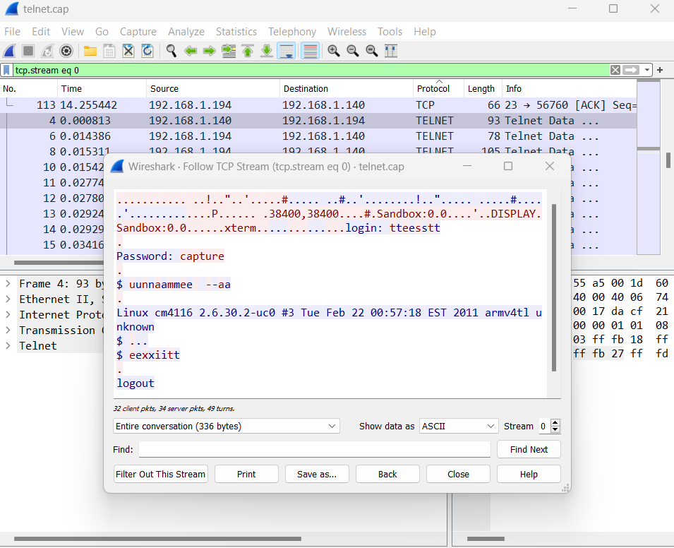 Telnet session in Wireshark