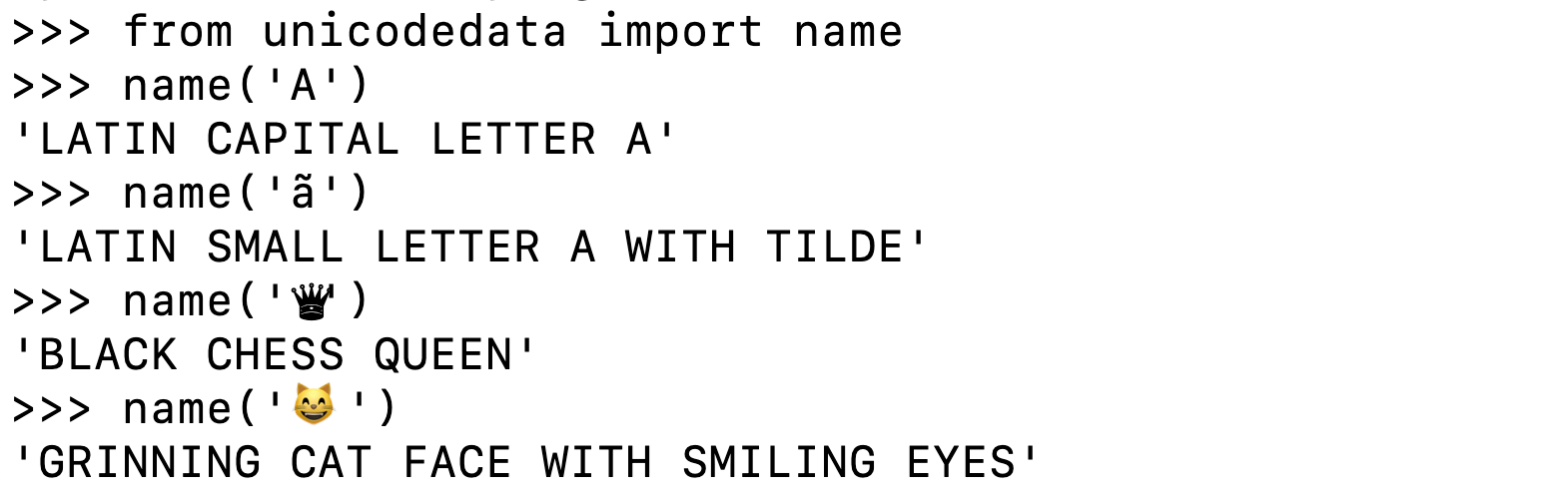 Exploring unicodedata.name in the Python console