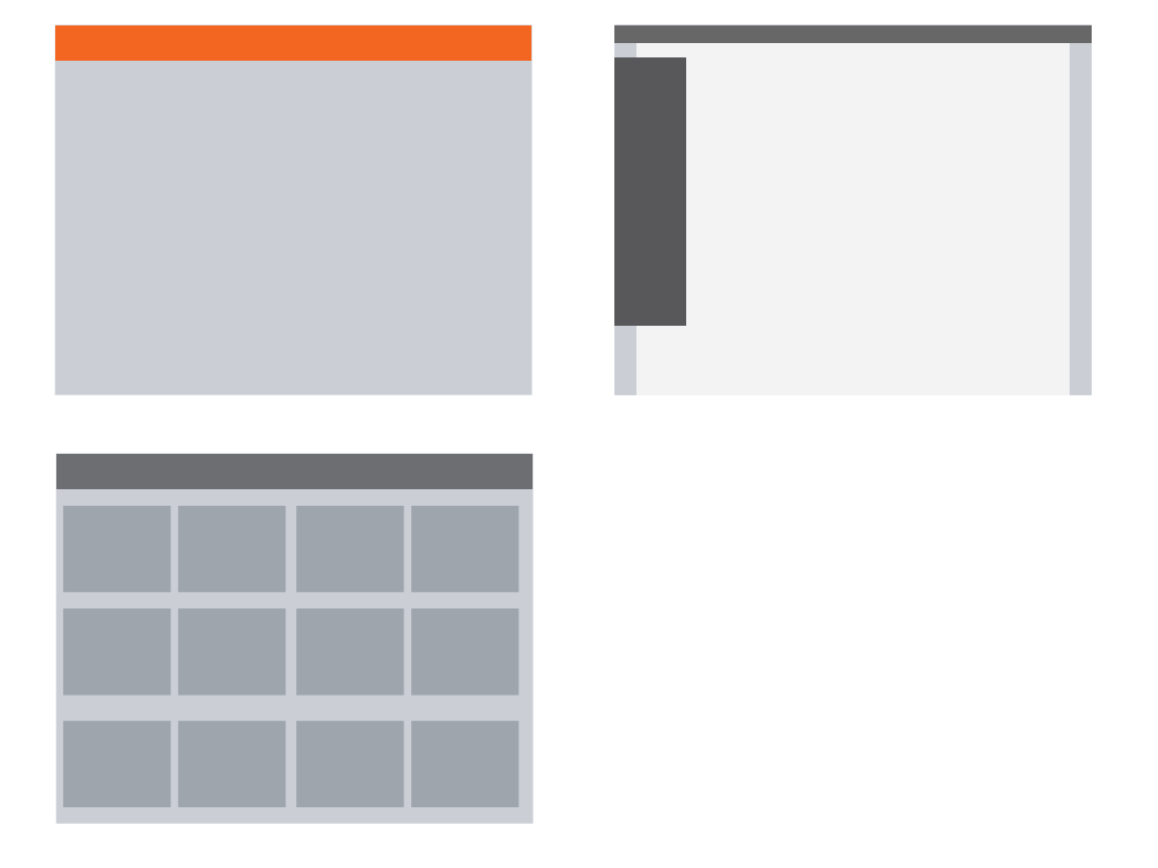 Visual Framework (upper left), Center Stage with a panel (upper right), Grid of Equals (lower left)