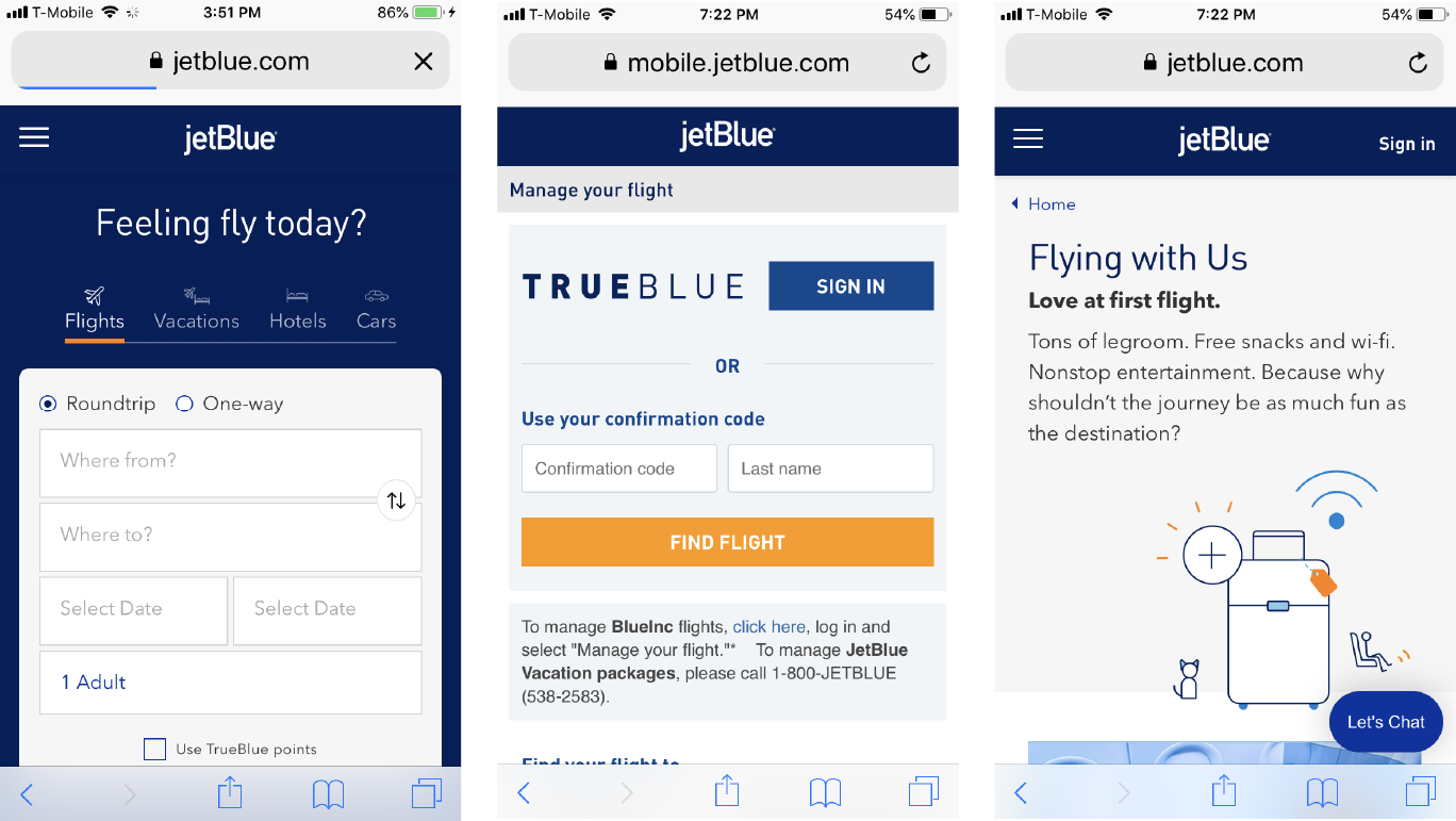 Example of a Visual Framework in Jet Blue’s mobile website