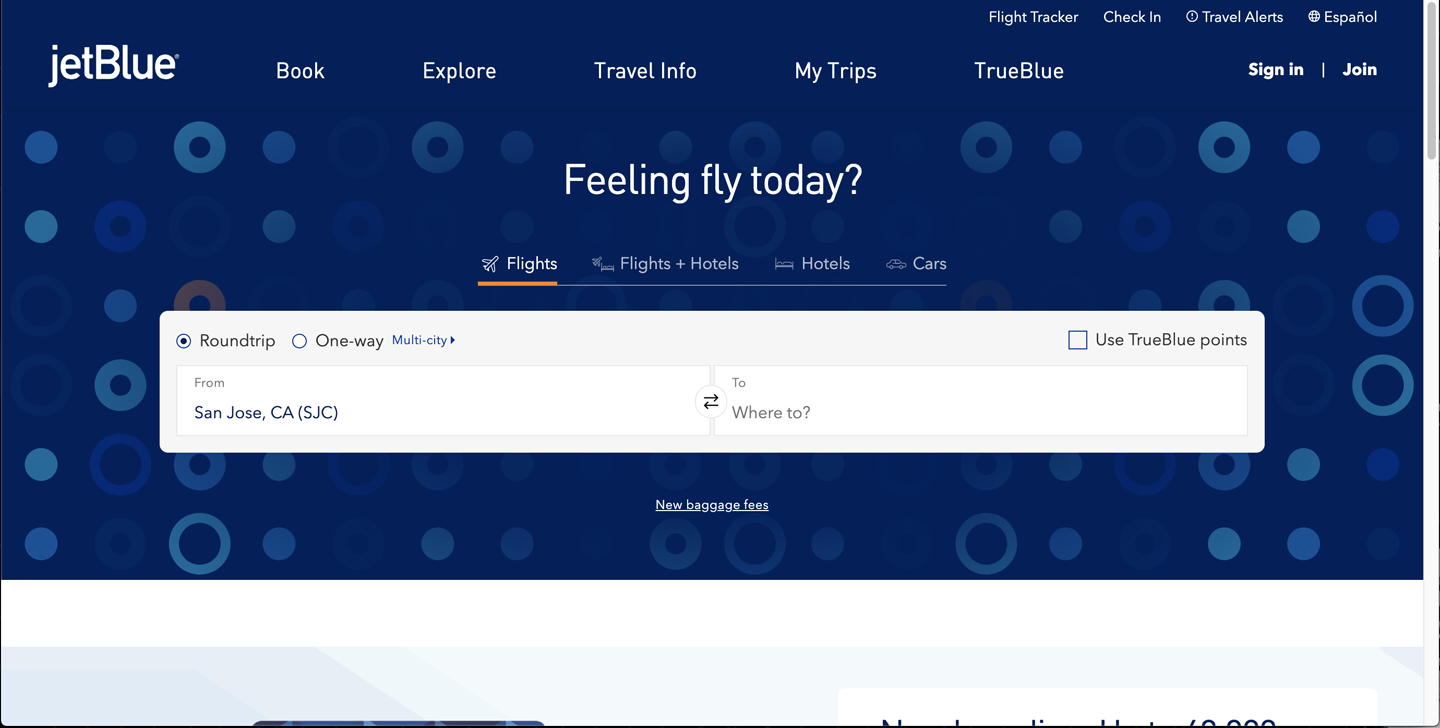 The JetBlue home page