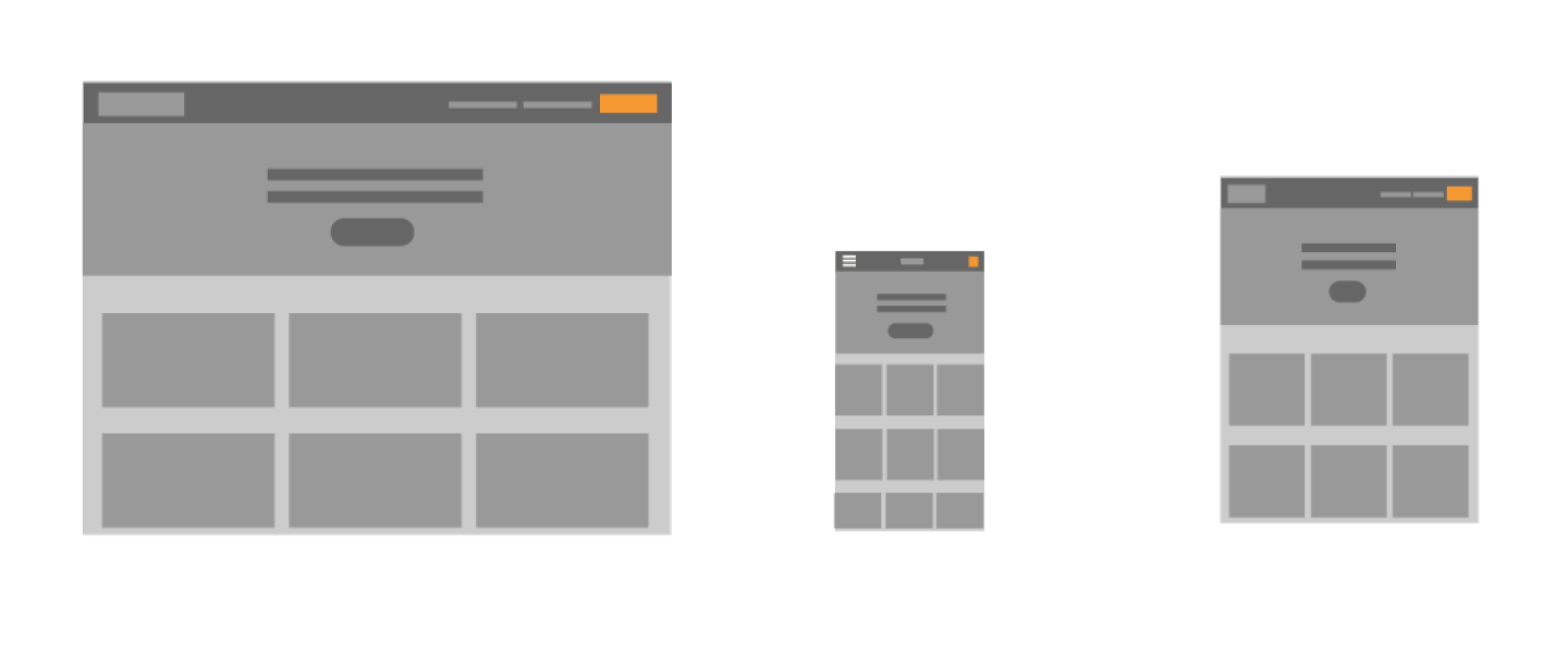 Responsive design example: desktop version (left), mobile version (center), tablet version (right)