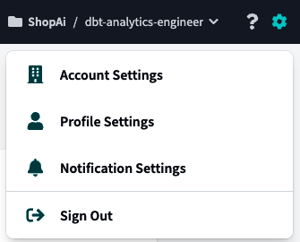 dbt Settings menu