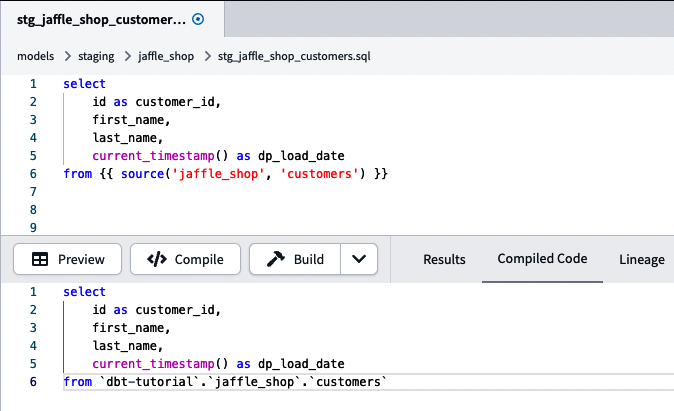 dbt Staging with source function and compiled code