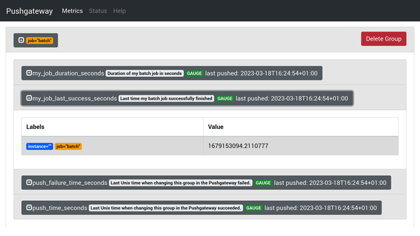 Pushgateway Status page.