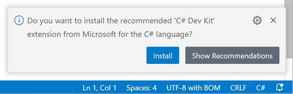 Visual Studio Code showing a popup offering to install the C# Dev Kit