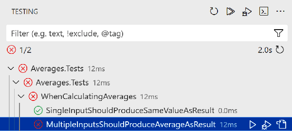 Visual Studio Code showing test results, indicating that the 'SingleInputShouldProduceSameValueAsResult' test passed, and the 'MultipleInputsShouldProduceAverageAsResult' test failed