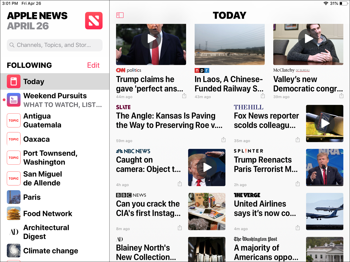 Apple News, iPad version, with navigation panel expanded