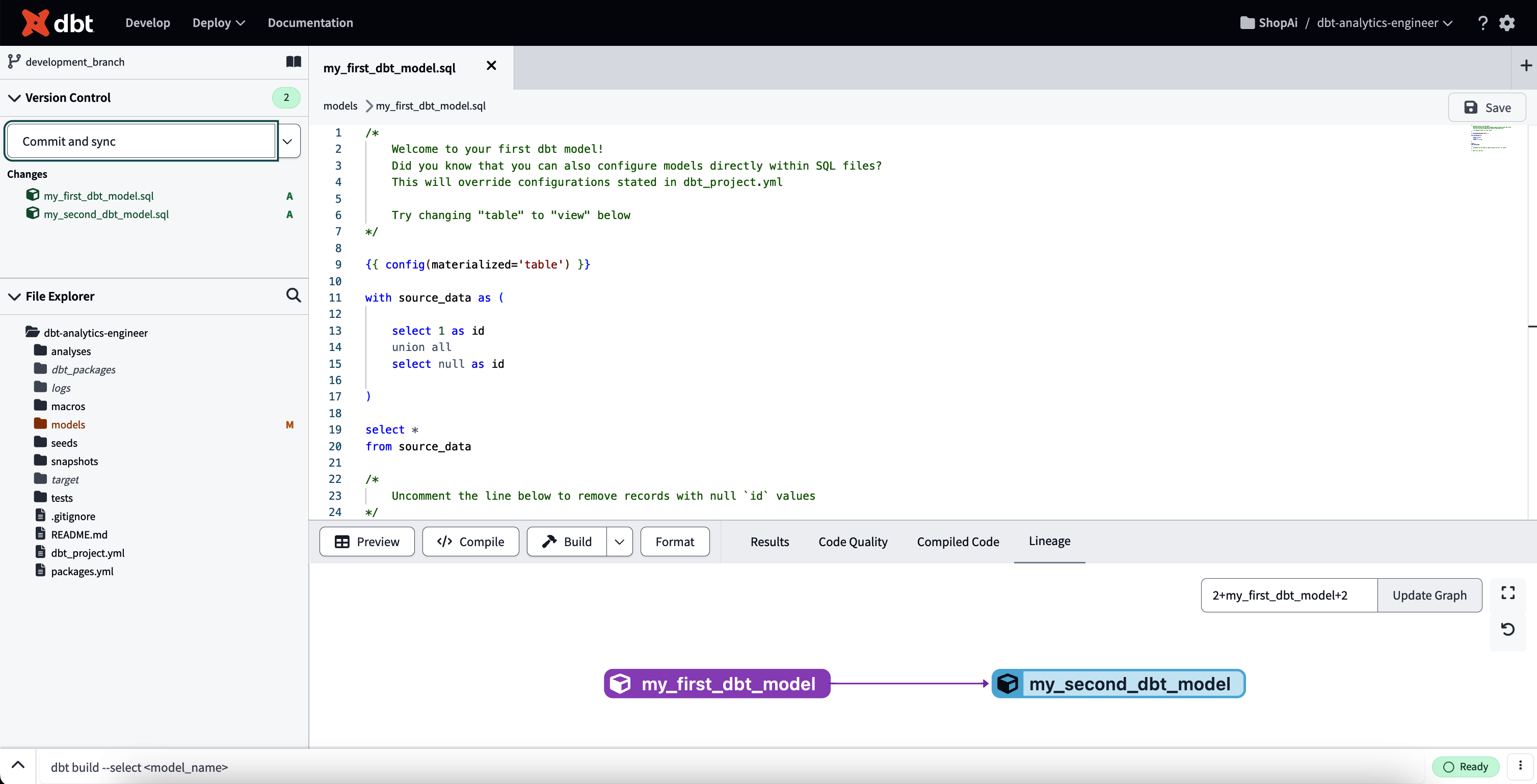 dbt IDE After initialize project