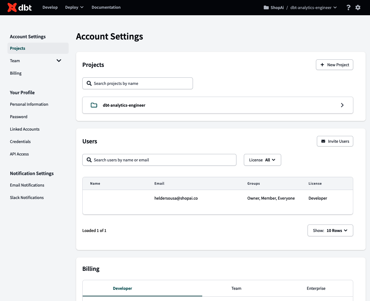 dbt Account Settings